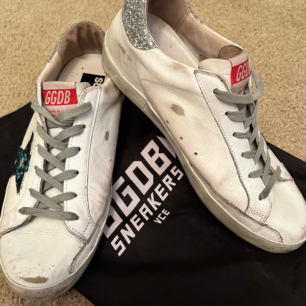 Golden Goose White and Silver Glitter Sneakers